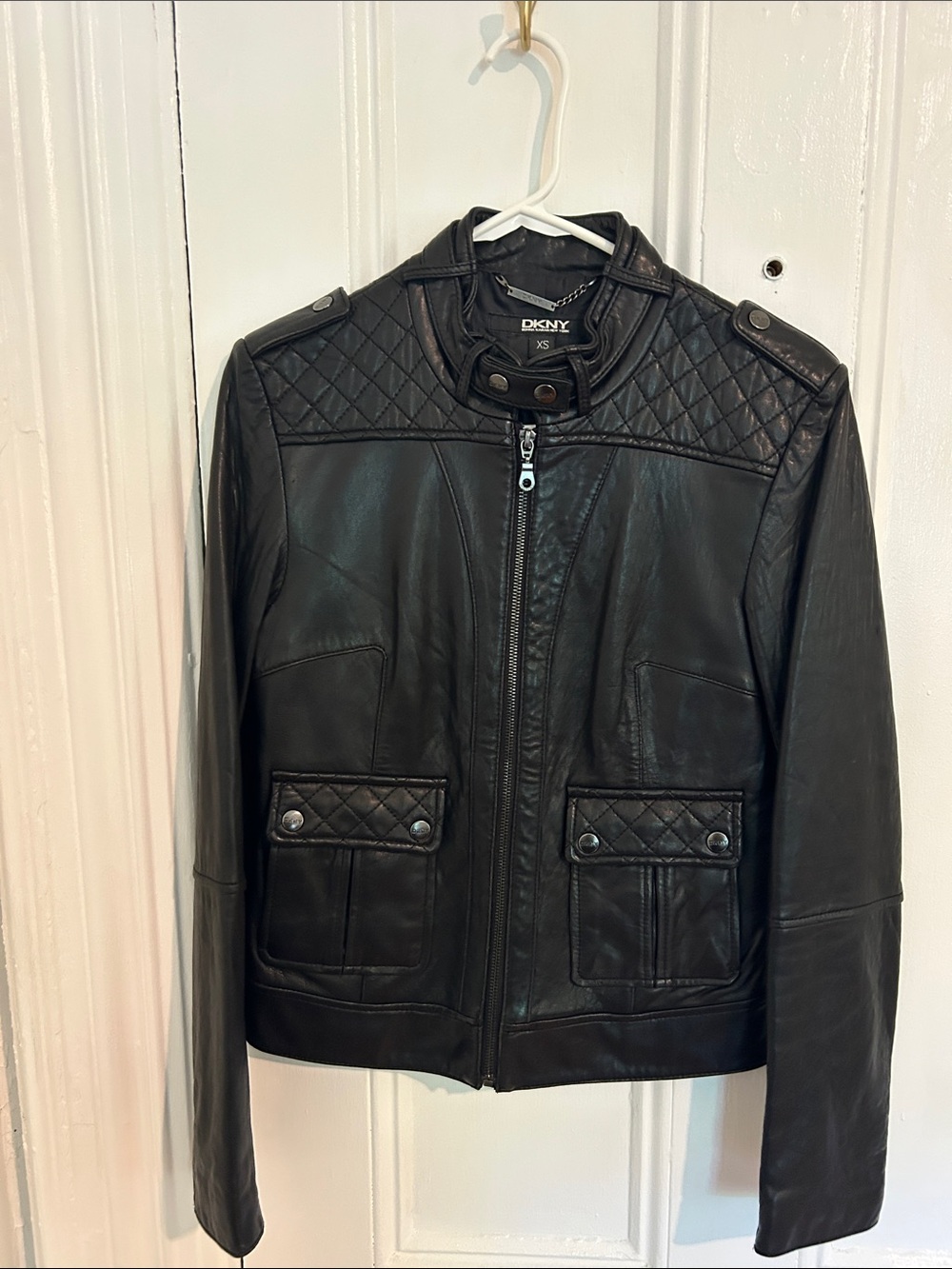 DKNY Black Quilted-Panel Leather Jacket
